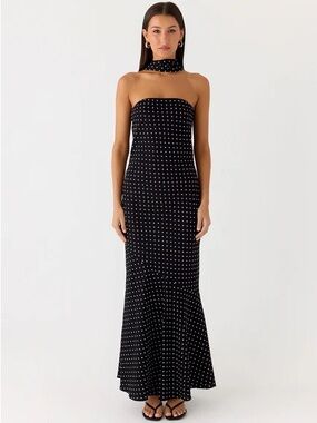 Peppermayo Black Strapless Polka Dot Maxi Dress with Neck Scarf